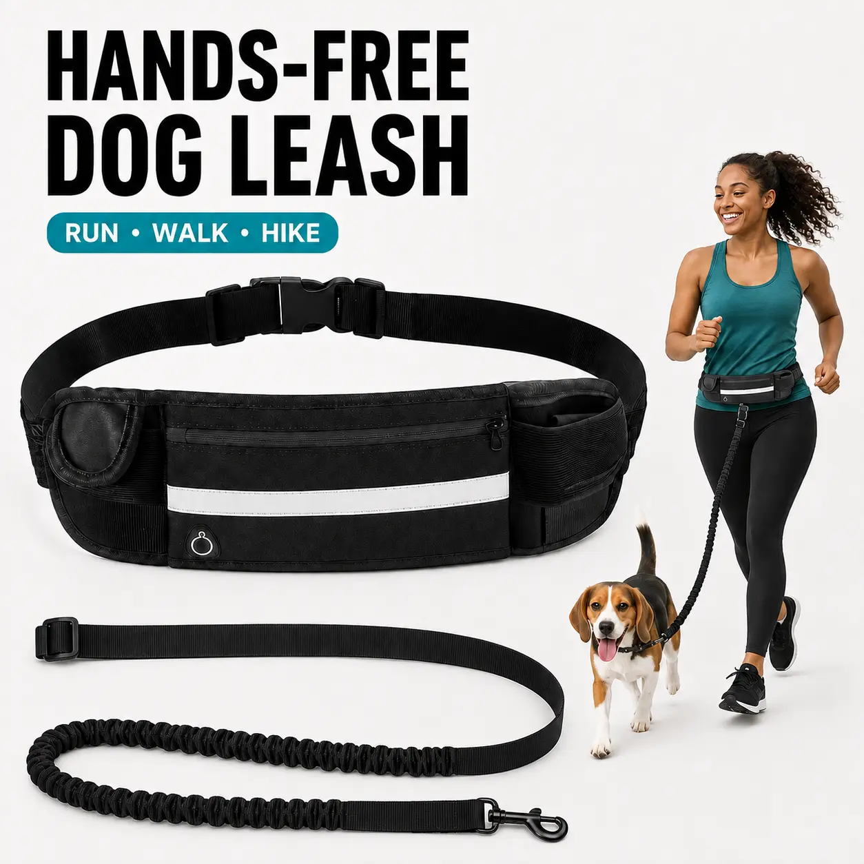 Hands-Free Dog Leash with Zippered Waist Pack, Dual-Handle Bungee Running Leash for Medium & Large Dogs, Adjustable Waist Belt for Walking, Training, Jogging & Hiking