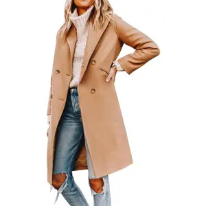 Yousify Womens Notched Lapel Collar Double Breasted Pea Coat Winter Overcoat Long Fitted Jacket with Pockets