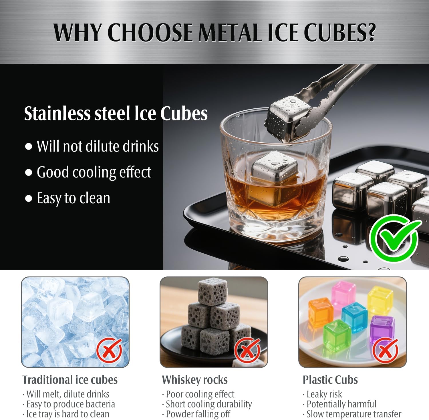 Whiskey Stones Set, 8 Packs Stainless Steel Whiskey Chilling Rocks, Reusable Ice Cube for Drinking, Cool Birthday Gift for Men Dad, Boyfriend, Beer Lover, Bourbon, Scotch, Gin, Beverage, New Year