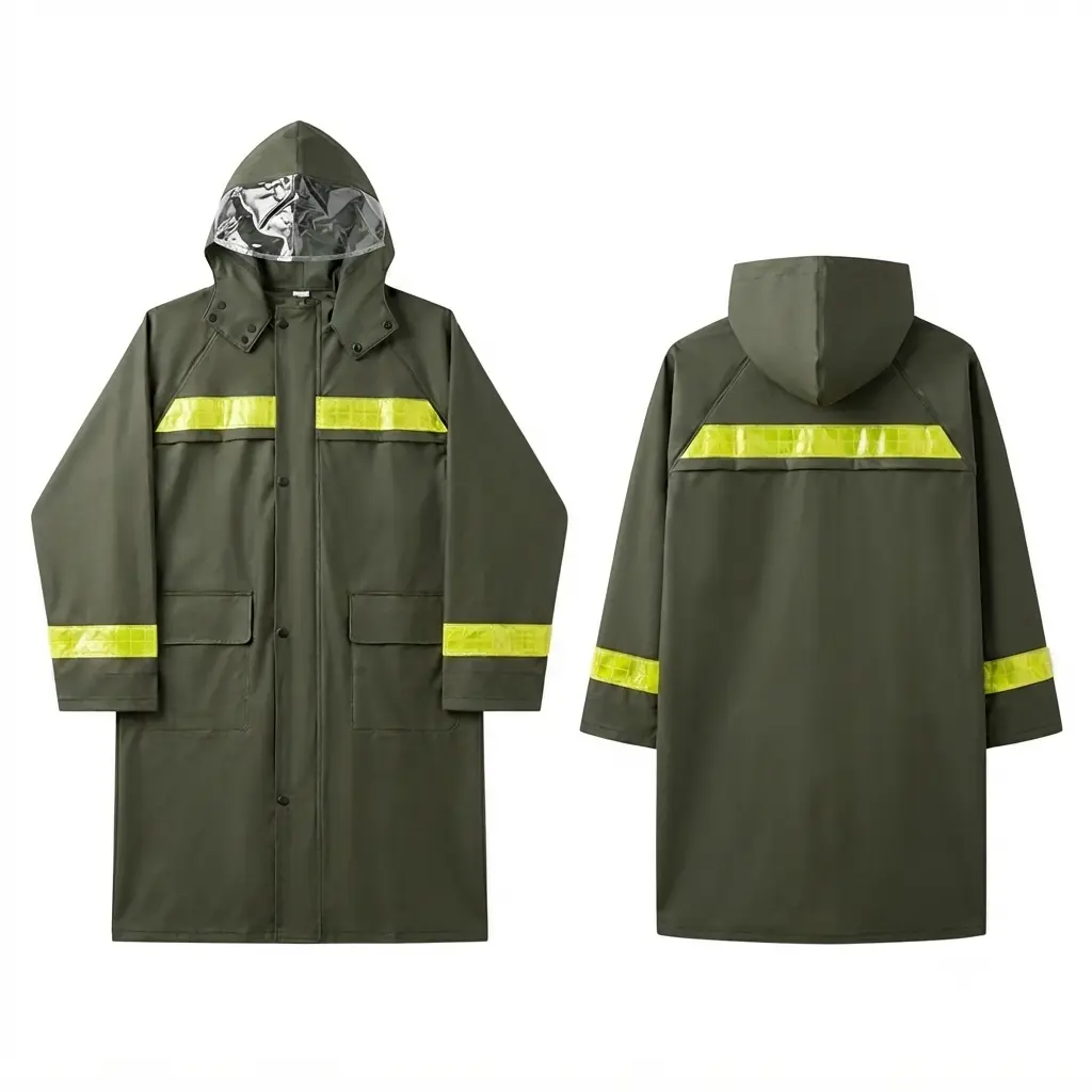 Men's Heavy Army Green PVC Waterproof Rain Suit - Breathable Inner Layer, Adjustable Hat, Enhanced Visibility Reflective Tape, Rainproof Motorcycle Automotive Gear with Durability & Flexibility