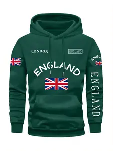 Men's British Flag Hoodie, London Style Geometric Print, Casual Fitted Sweatshirt, Trendy New Outerwear, Couple Matching Top