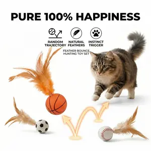 6-Pack Feather Bounce Cat Toys – Interactive Springy Balls for Cats, Basketball/Soccer/Baseball Designs with Soft Natural Feathers, Solo-Play Toys to Activate Hunting Instinct, Relieve Boredom & Anxiety, Safe Durable for Kittens & Adult Cats