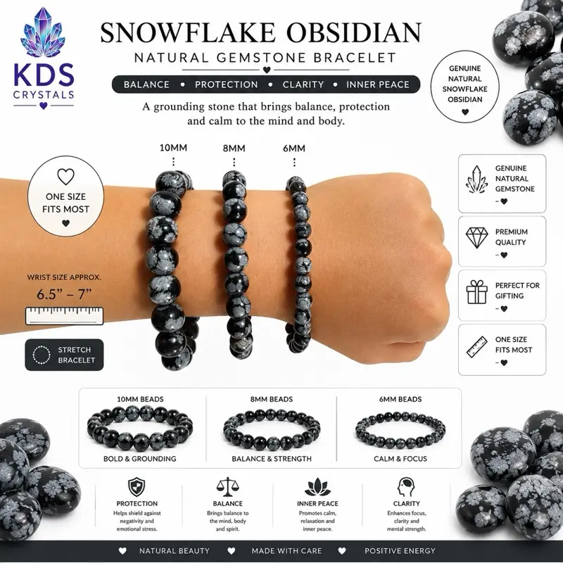 Snowflake Obsidian Natural Crystal Gemstone Bracelet | 6mm 8mm 10mm | Genuine Stretch Beaded Bracelet, Unisex, Unique Pattern