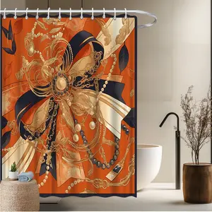 1pc Jewelry Theme Bath Curtain-2D Flat Elegant Pearl and Gold Chain Decoration Printed Shower Curtain Modern Home Window Curtains Bathroom Decoration 70.8x70.8 inches