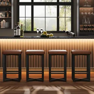 Gaomon Backless Bar Stools Set of 4, 24.6 in Counter Height, Upholstered PU Leather Seats, Metal X-Frame with Footrest, Modern Kitchen Stools for Home Bar, Dining Room, Brown