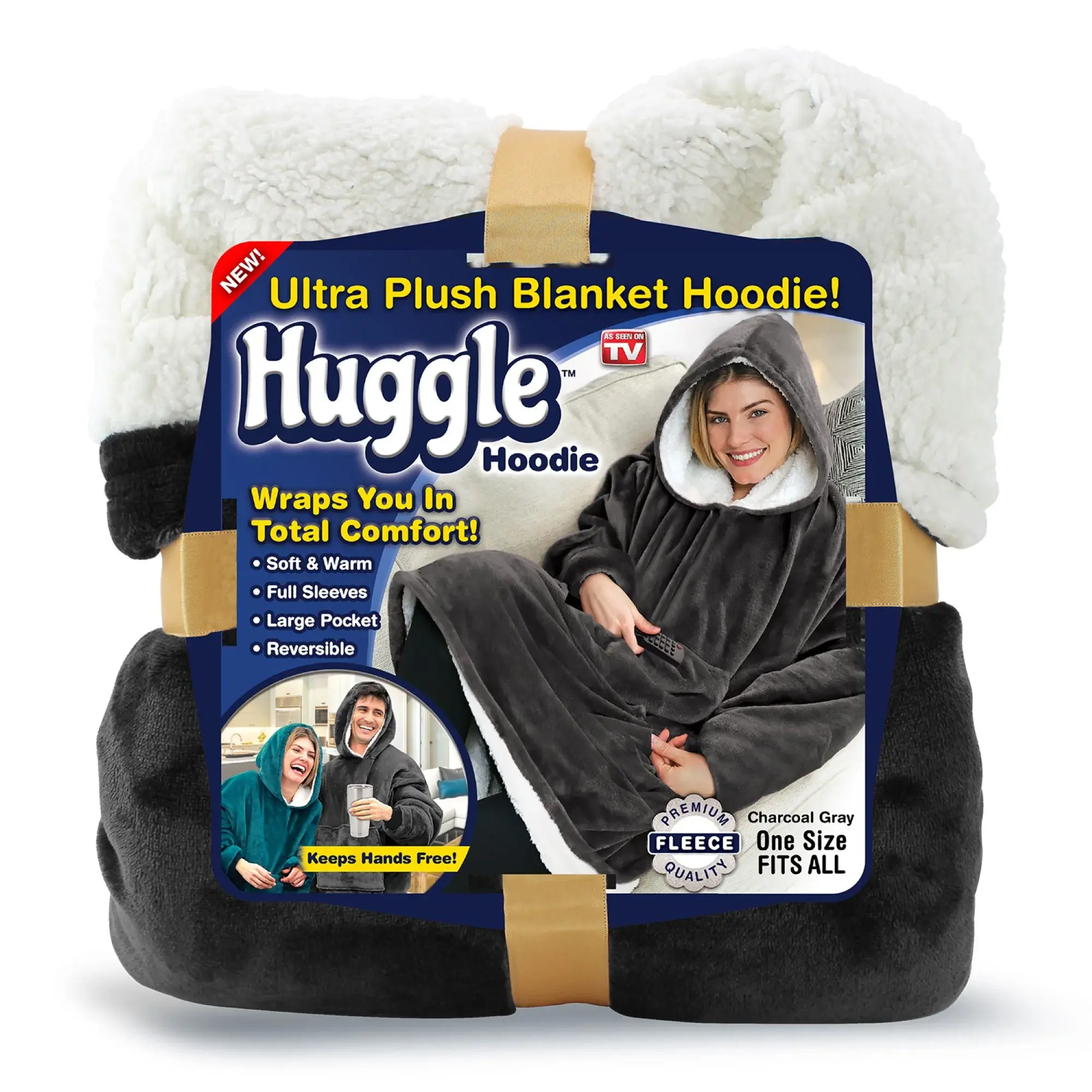 Cozy Huggle Hoodie - Fleece & Sherpa Wearable Blanket, Unisex One Size, Ultra Soft Gray Comfort Ontel Products
