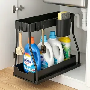 Under Sink Organizer for Kitchen and Bathroom, 2 Tier Adjustable Storage Shelf with Drainage Design, Heavy Duty PP Plastic and Stainless Steel Frame, Space Saving Cabinet Organizer for Cleaning Bottles, Sponges, Dish Soap and Laundry Supplies