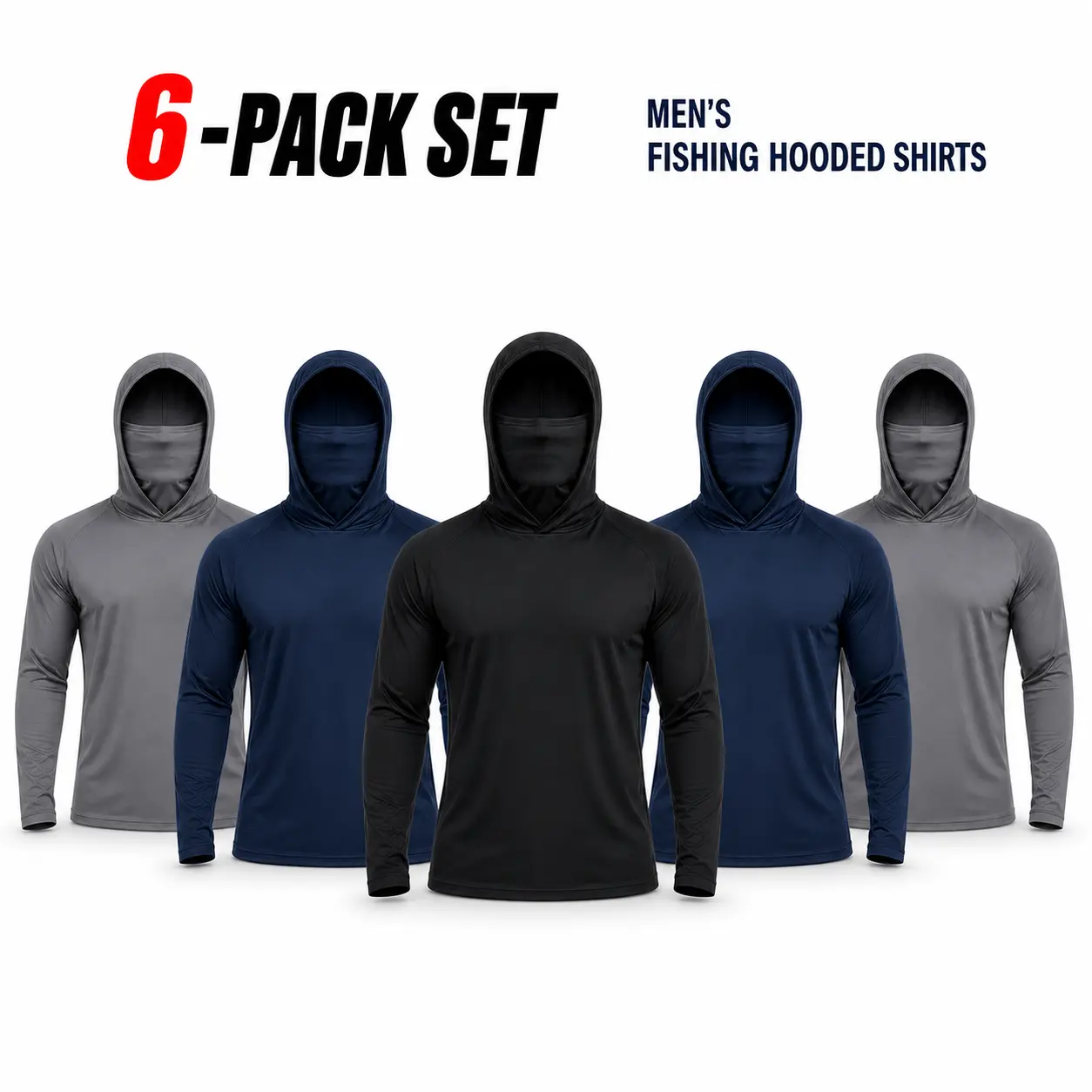 6-Pack Men’s Performance Hoodies, Lightweight Long Sleeve Athletic Shirts with UPF 50+ Sun Protection, Moisture-Wicking Gym Gear, Breathable & Quick-Dry for Running, Fishing, and Outdoor Workouts