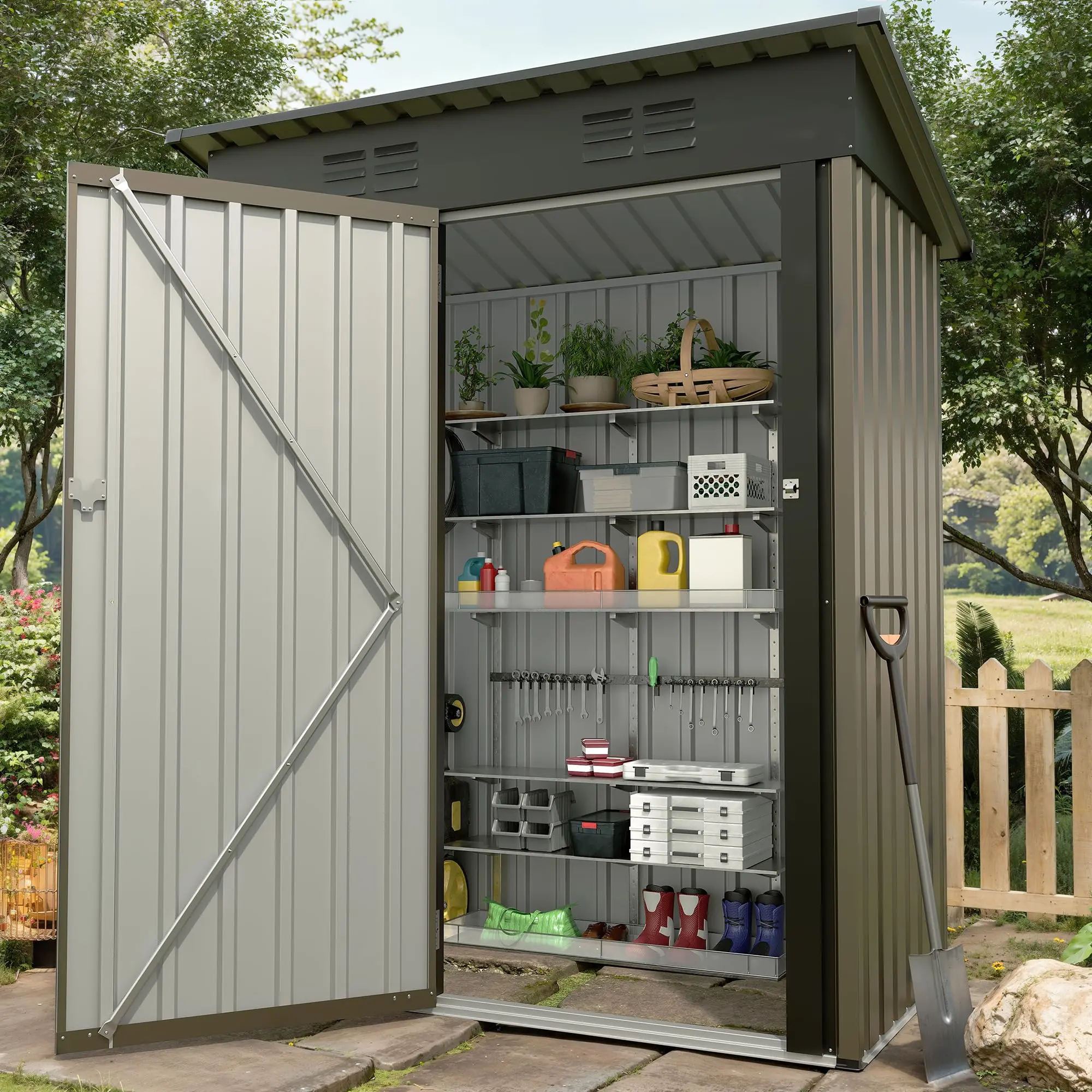 5x3 FT Heavy Duty Metal Outdoor Storage Shed, Sloped Roof & Lockable Single Door Design, Weatherproof Outdoor Tool Organizer, Ideal for Backyard, Garden, Patio and Lawn Storage