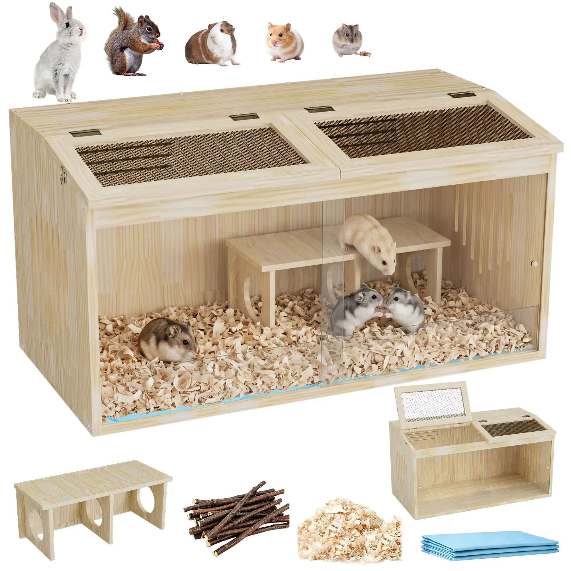 Wooden Hamster Cage with Toys and Bedding 32"x16" Guinea Pig Cages with Openable Top & Acrylic Front Door Large Ventilated Small Animal Cage for Hamster Rabbit Guinea Pig Hedgehog Rat