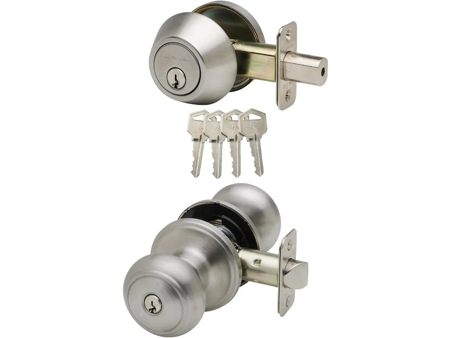 Copper Creek Hardware CKDB141SS Colonial Knob & Deadbolt Combo - Satin Stainless, Door Locks, Lock Latches & Bolts, 1" Plated Nickel Bolts, Exceeds ANSI Grade-3 Security Standards, Meets Americans with Disabilities Requirements