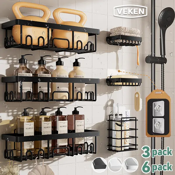 【Veken】 6-Pack Life-Changing Rustproof Shower Caddy, Effortless No-Drill Wall Shelves with Soap Holder, End Bathroom Clutter for Good, Multi-use Kitchen & Home Storage