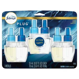 Febreze (3-Count) Origins Fade Defy 0.87 oz. Ocean Scented Oil Plug-In Automatic Air Freshener Refill, Fade Defy Technology for 50-Day Luxury Scent, Waterlily Ginger Hinoki Fragrance, Elevates Home Ambiance, Low Level Indicator Light, 3-Pack Refills.