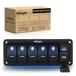 Nilight 5Gang Aluminum 5Pin ON/Off Blue Rocker Switch Panel w/ 4.8 Amp Dual USB Charger Voltmeter