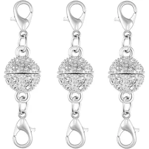 Magnetic Jewelry Clasps, Crystal Ball Connectors with Lobster Clasps, Magnetic Necklace Clasps and Closures Easy-to-Use for Jewelry Closures (3pcs Silvery)
