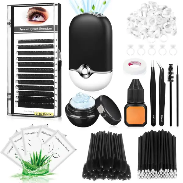 Complete Makeup Eyelash Extension Kit - Individual Lash Extensions Supplies with 0.07D Curl Mix 8-15mm, Natural Glue, Remover, USB Lash Fan, Tweezers, Eye Gel Pads, Micro Brushes, Mascara Brushes, Complete Kit, Cosmetics