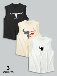Men's Summer Casual Sleeveless Vest, Cow Print Design, Outdoor Sports & Daily Wear, Fitted Style, Moderate Fabric, Pack of 3 Round Neck Sport Tank Top