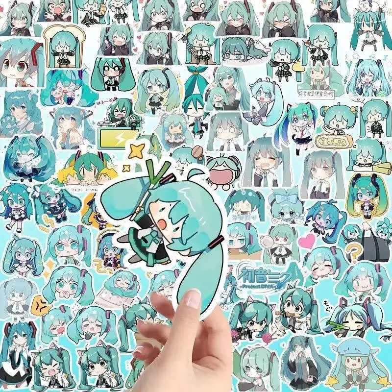 100-Sheet Aesthetic Hatsune Miku Q-Style Anime Sticker Set, Exquisite 2D Permanent Adhesive Stickers for DIY Scrapbooking & Stamping, Smartphone, Cellphone, Handheld Hand Accounts Supplies, Aesthetic Stickers