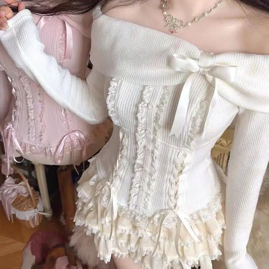 Japanese Kawaii Pink 2 Piece Sets Women Off Shoulder Sweater + Cake Skirt Spring Autumn Y2k Style Aesthetic Fairy Vintage Suit