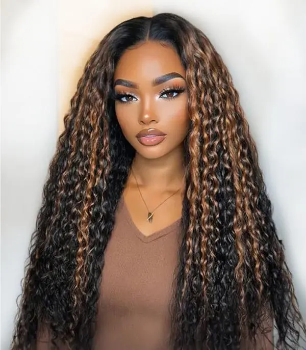 KPEHARE Ombre Highlight Brown Water Wave Glueless Pre Everything 5x5 HD Lace Glueless Wigs Human Hair Drawstring Pre Plucked Pre Bleached Bye Bye Knots Deep Wig with Dark Roots Ready to Wear and Go