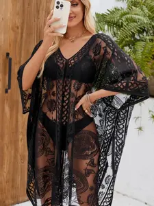 Women's Ethnic Pattern Hollow Out Lace Cover Up, Casual V Neck Long Sleeve Cover Up for Beach Holiday Vacation, Ladies Swimwear for All Seasons, Swimsuit Cover Ups