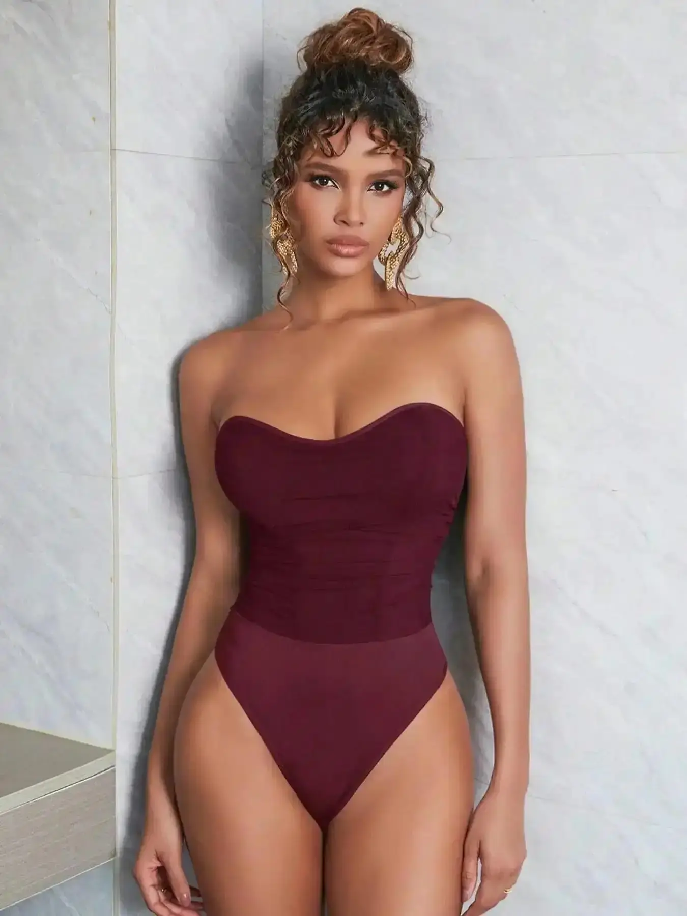 Women's Ruched Corset Bodysuit Sexy Mesh Semi-sheer, Heart Neck High Waist Tummy-Control Slim Fit Cheeky Strapless Sleeveless Bodysuit, Clubwear Party Night Out Top, A little See Through, Sexy Lace Lingerie Set