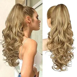 Ponytail Extension, 24" Claw Clip in Ponytail Extensions Long Curly Wavy Ponytail Hair Extension Jaw Clip on Pony Tails Hairpiece for Women daily party use  Medium Blonde with Blonde Highlights Synthetic clip ponytail extension Outdoorfun