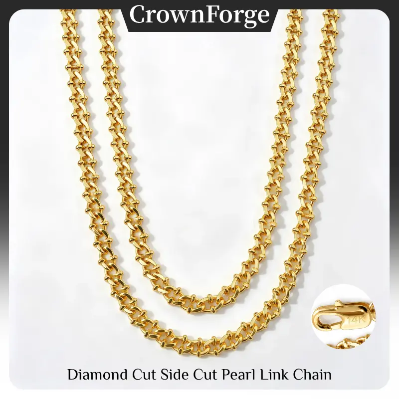 14K Gold-Plated Diamond Cut Side Cut Pearl Link Chain Necklace, Italian-Inspired Design, Premium Faceted Finish, Nano Coating for Tarnish Resistance, 6mm & 8mm, 20" & 24", Fashion Jewelry for Men & Women