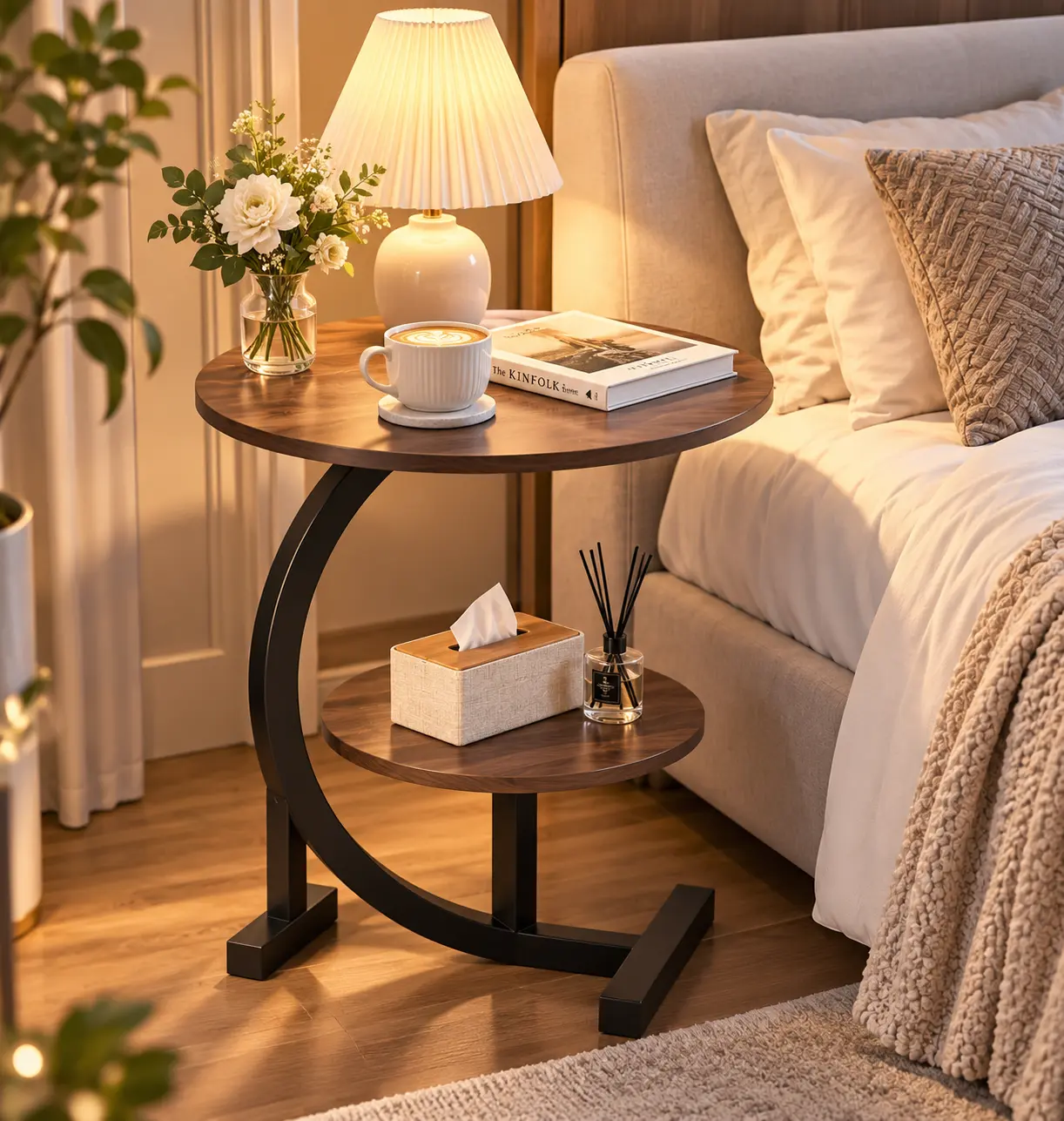 Keep Essentials Close with a 2-Tier C-Shaped Side Table, Space-Saving Round End Table for Sofa, Bedside, Apartment or Dorm