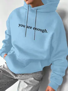 Men's You Are Enough Letter Print Hoodie with Kangaroo Pocket, Casual Fitted Long Sleeve, Comfortable Daily Wear, Travel Vacation School Style, Hooded Sweatshirts