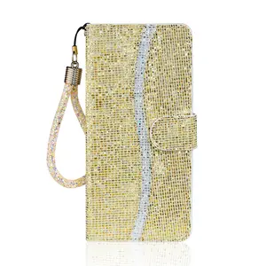 For iPhone 17 Pro Max 17 Air 16e 15 Plus 15 16 Pro Bling Wallet Case, PU Flip Wallet with Wrist Strap Magnetic Closure Built-in Kickstand Protective Case