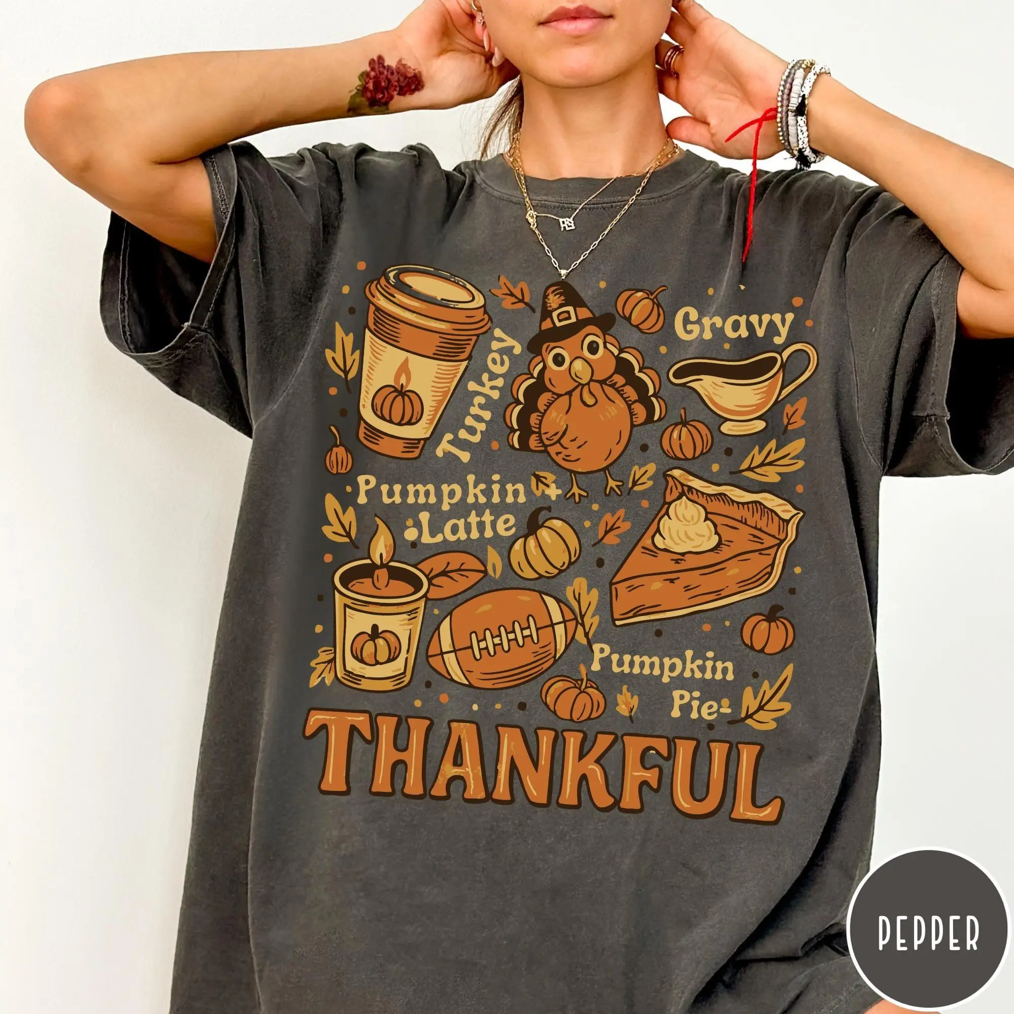 Comfort Colors Thankful Thanksgiving T-Shirt, Cute Turkey Pumpkin Pie Fall Graphic Tee for Women, Retro Autumn Pumpkin Latte Tee, Fall Gift for Her