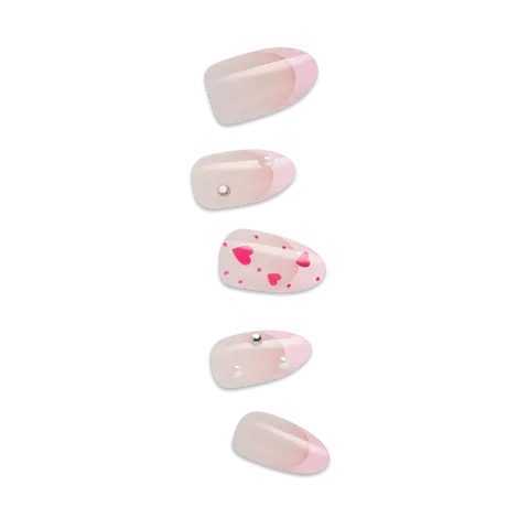 Impress Design No Glue Fake Press On Nails - Still The One | 3D & Jewel French Design, Pink, Medium, Almond, Manicure