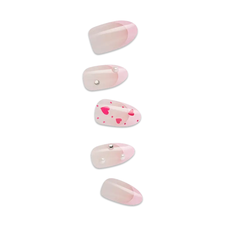 Impress Design No Glue Fake Press On Nails - Still The One | 3D & Jewel French Design, Pink, Medium, Almond, Manicure