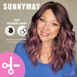 SHAY women’s mid-length layered synthetic wig, 19 inches, Midnight Berry shade, natural scalp effect, 3.5×4.5 hard silky top piece, budget-friendly, curly bangs style