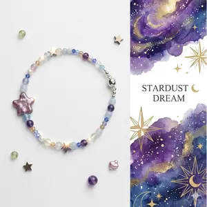 Stardust Dream: Genuine Star Shaped Baroque Pearl Bracelet, Natural Aquamarine Amethyst White Chalcedony Beads, Celestial Star Bracelet