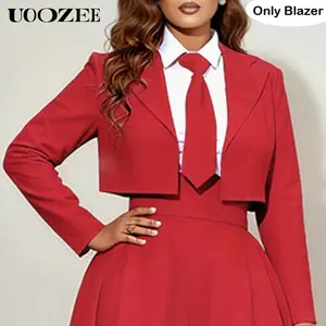 UOOZEE Women's Cropped Red Tailored Blazer (Jacket Only) Long Sleeves Skinny Solid Color Notched Collar Blazer Outerwear, Ideal for Formal Events, Office Meetings & Chic Evening Outings()