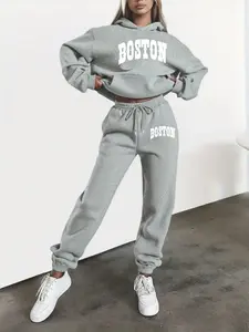 Women's Hooded Sweatshirt Set, Graphic Tracksuit, Fall & Winter Boston Letter Print, Casual Vintage Style, Sporty Fit, Jogger Pants Design, Sweatsuit Sets