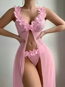2-Piece Lace Lingerie Set for Women: Lace Outerwear + Panties — Mesh Nightwear, Deep V-Neck Spaghetti Strap Nightgown