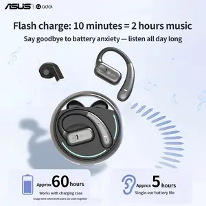 ASUS Open-Ear Headphones, dual ear in-ear + ear-clip design, built in microphone, rechargeable with charging case, stable connection, touch control for switching functions, suitable for sports and daily use.