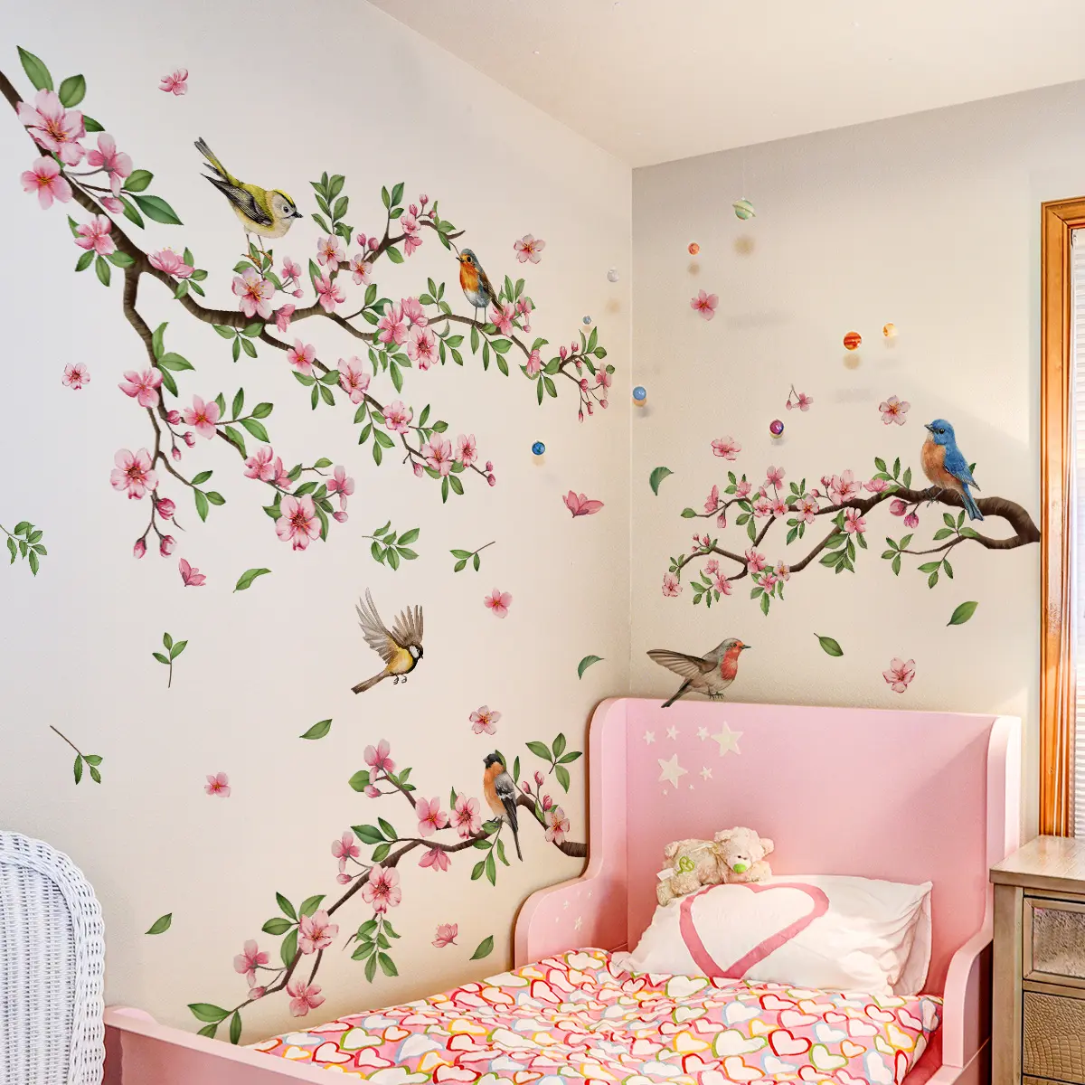 A set of 2 pieces (30*90cm*2pcs) tree branch, flower, fallen leaf and bird wall stickers, Wall Stickers Decorations, suitable for living room, bedroom decoration, self-adhesive, MS7313-YK