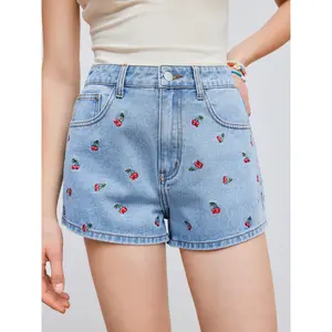 Cider [size 0-26] Cider Denim Mid Rise Cherry Embroidery Straight Leg Micro Shorts