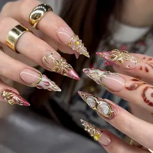 Gold Chrome Flower 3D Press On Nails, Handmade Luxury Cat Eyes Pink French Tips Nails, Bangle Nails For Women, NailArt, Holiday Nails Inspo, Valentine Love Nails