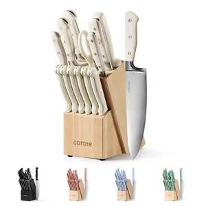 Carote 14 Pcs Knife Set with Wooden Block, Stainless Steel Knives, Ergonomic Handle, Forged