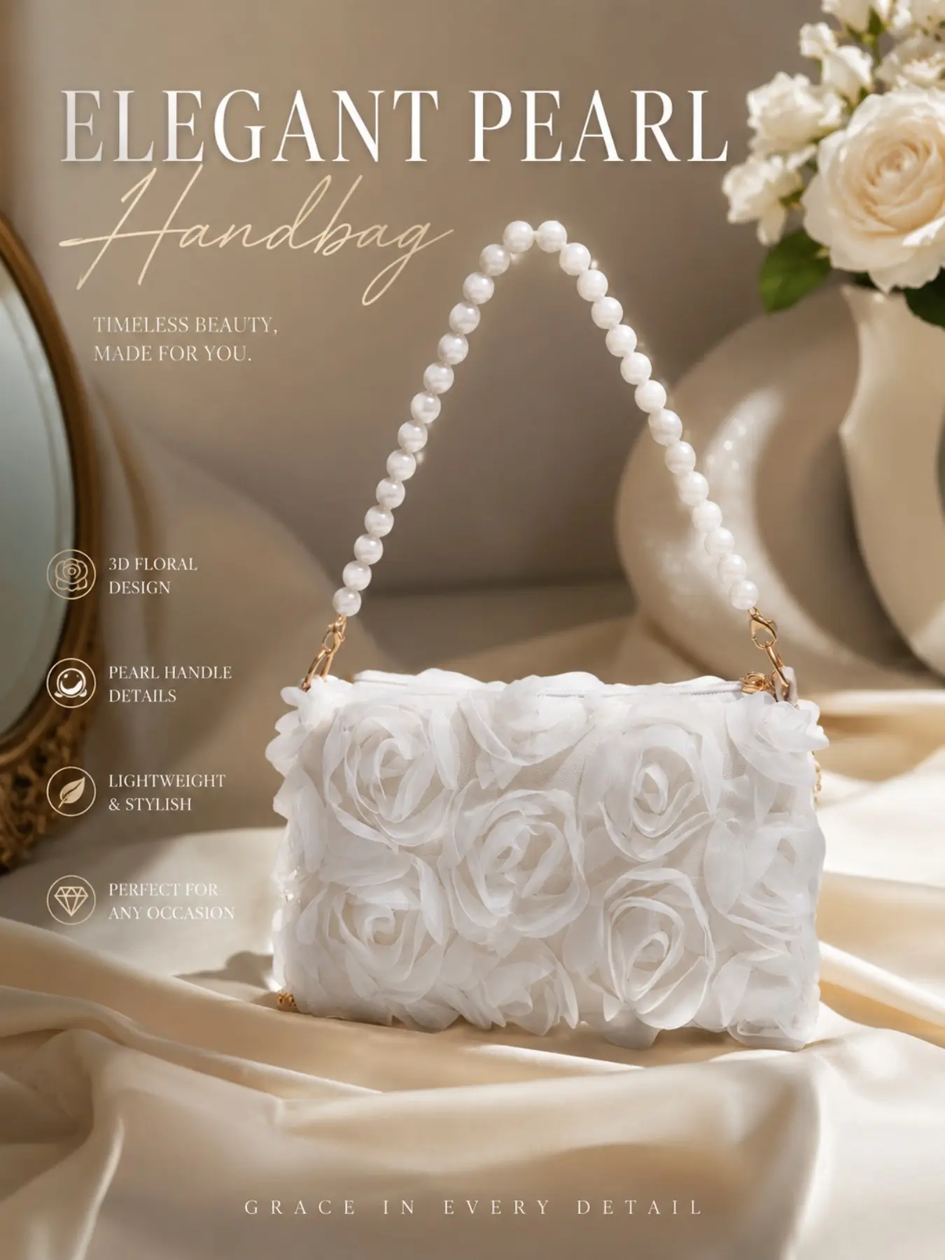 Elegant 3D Floral Pearl Handle Handbag, White Bridal Clutch for Weddings, Proms & Special Occasions, Fashionable Purse, Evening Handbags