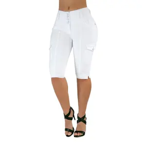Women's White Capri Jeans, High Waist Push-Up Comfortable Skinny Fit Stretchy Denim with Heart Stitching, Side Slits and Pockets