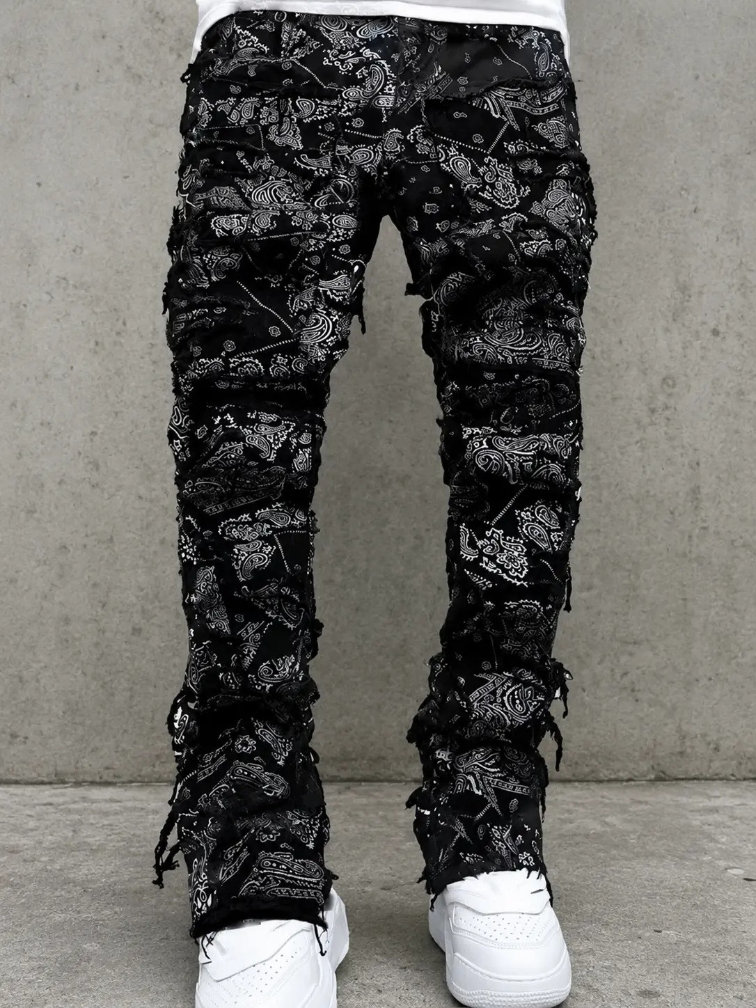 Men’s Washed Stretch Denim Jeans, Distressed Patchwork Stacked Flare Pants, Vintage Streetwear Textured Jeans for Casual Daily Wear and Photoshoots