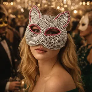 DIY Cat-Face Party Mask for Women: Handcrafted, Rhinestone-Embellished, High-Quality Two-Tone Mask for Carnivals, Festivals, Bars, and Masquerade Balls