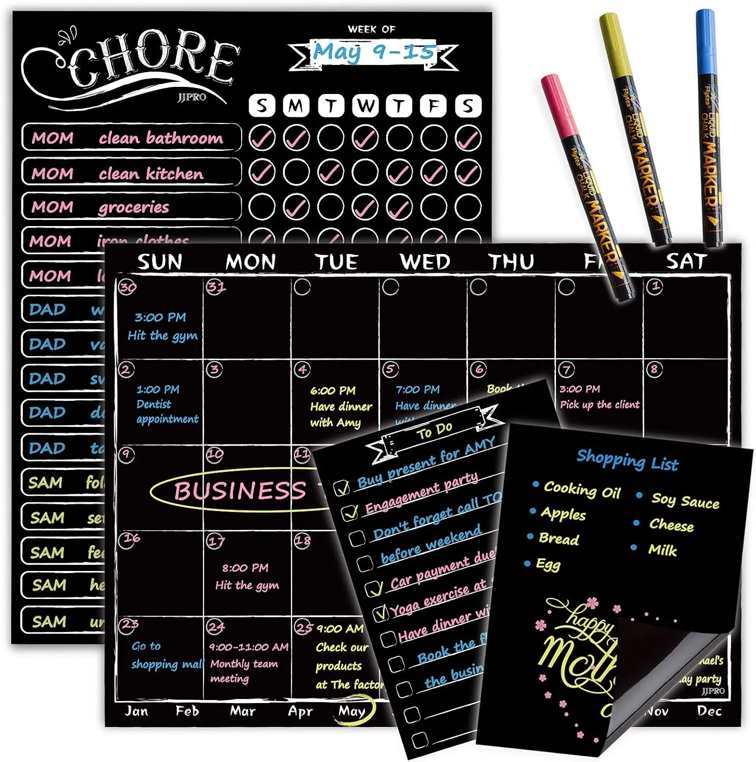 Magnetic Chalkboard Monthly Calendar - Reward Chore Chart Blackboard Set with Neon Liquid Chalk Markers - Bonus Grocery List and Notepad for Refrigerator