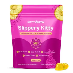 Slippery Kitty Feminine Probiotic + Moisture Gummies - All in One Solution with Slippery Elm Odor Control, Flora Support and Moisture Boost 60 Count Pineapple Flavor